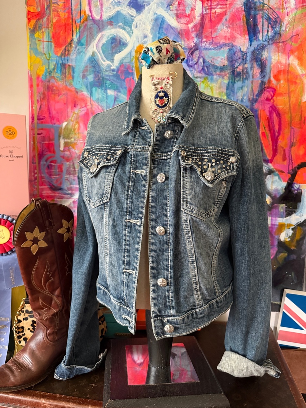 Sweet MISS ME Rhinestone Embellished DENIM Jacket Large L perfect Layering piece